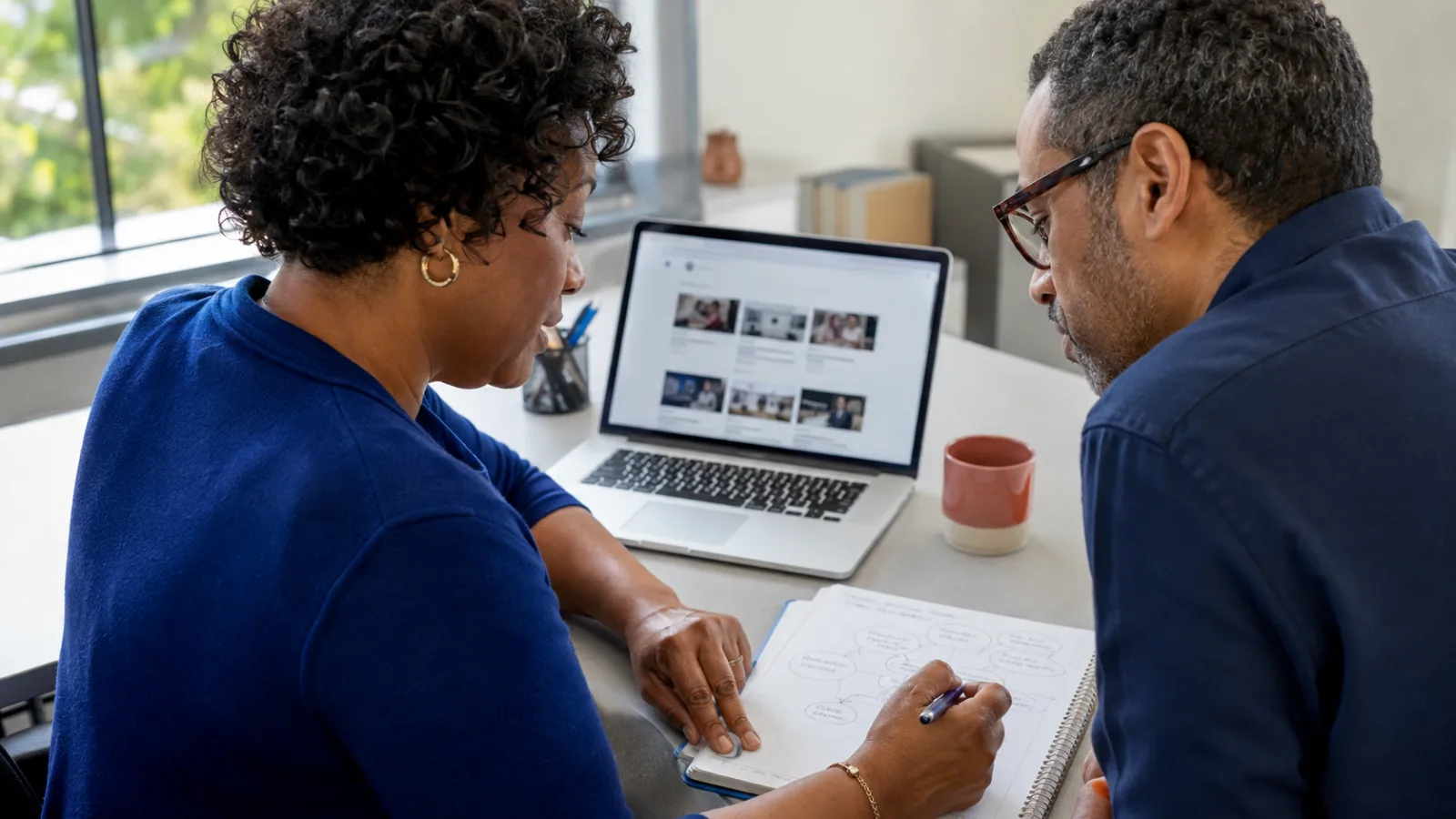 Dois profissionais revisam o planejamento de uma atividade de aprendizagem em um Moodle