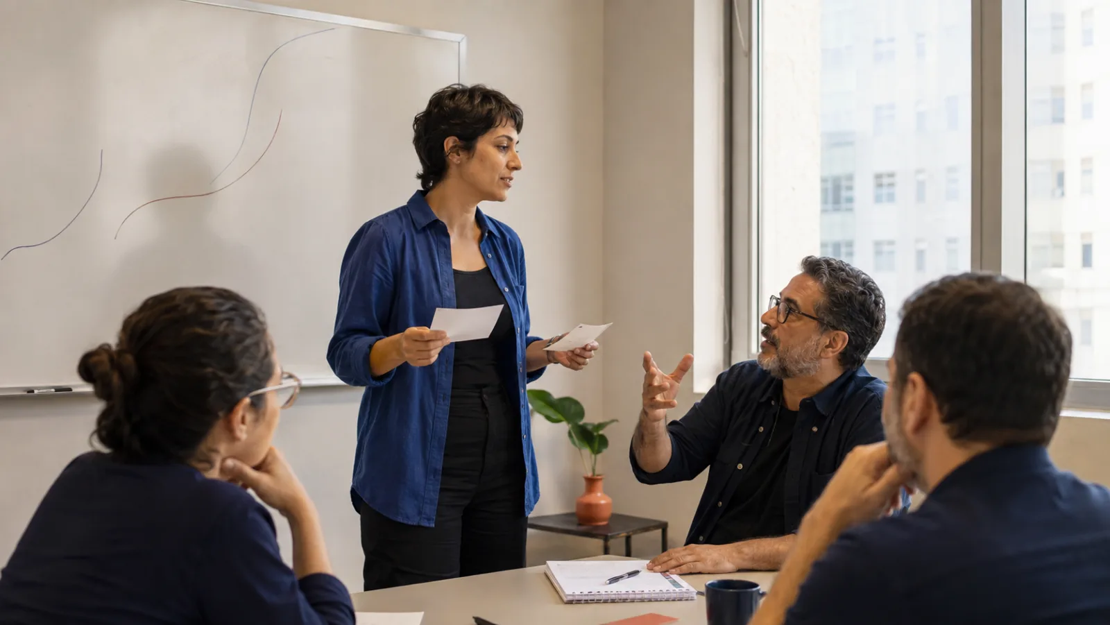 Profissional pratica uma apresentação enquanto colegas acompanham e oferecem feedback.