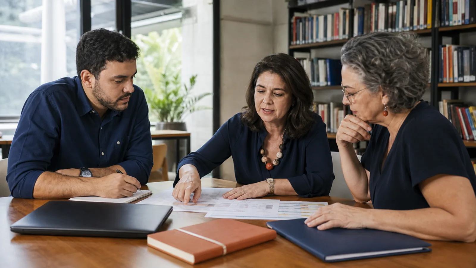 Profissionais analisam documentos e um planejamento em uma mesa de reunião.